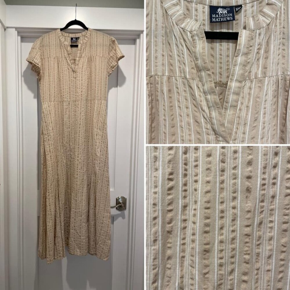 Madison Mathews Tan and White Maxi Dress